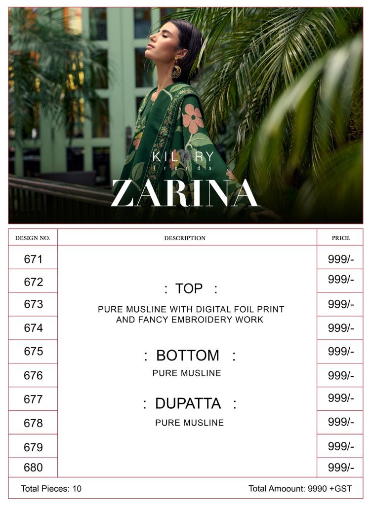 Kilory Zarina Pure Viscose Muslin Digital Printed Suits
